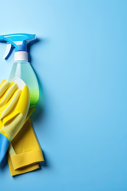 Detergents cleaning accessories yellow rubber glove on a blue background