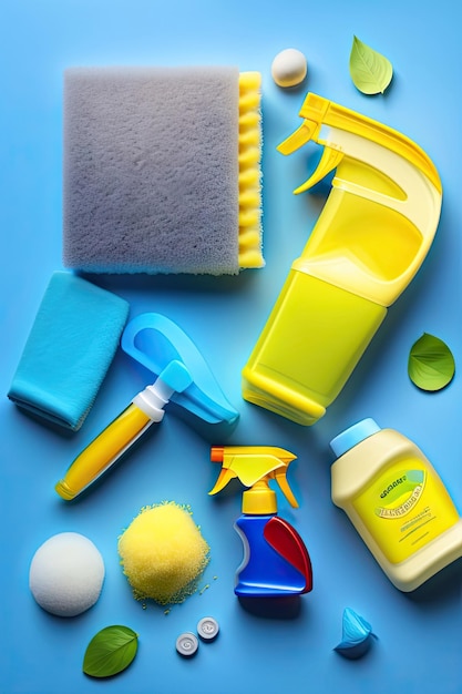 Detergents cleaning accessories yellow rubber glove on a blue background