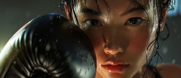 Determination etched in sweat a boxers focused gaze reflects the intensity of her training and the spirit of the fight