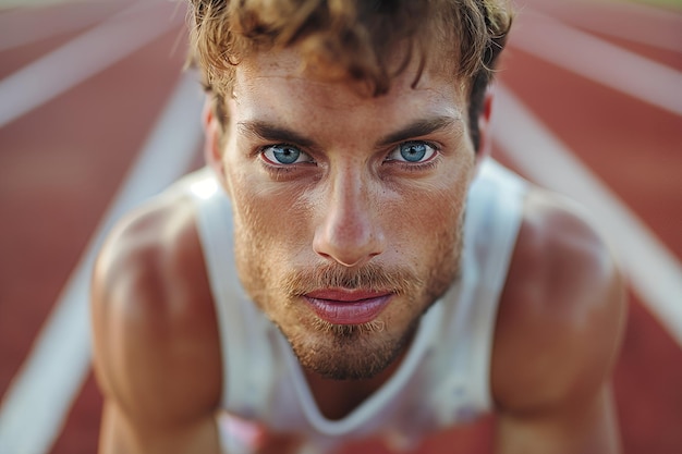 Determined Athlete Looking Up Close on a Running Track