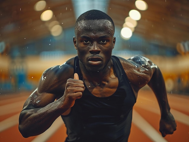 Determined Athlete Running on Track During Rainy Practice