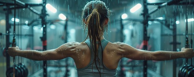 Photo determined athlete training in the rain at a modern gym showcasing strength and perseverance