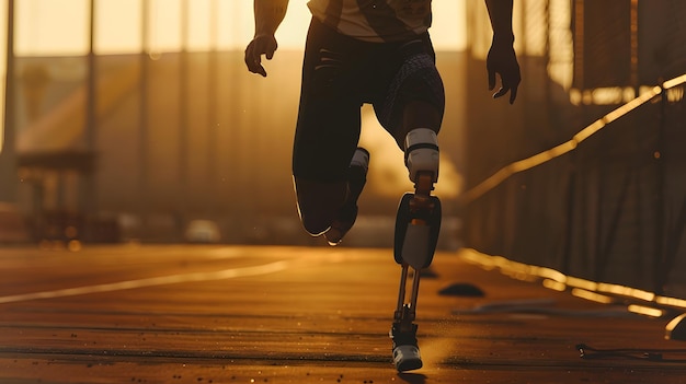 Photo determined athlete with prosthetic leg running towards the finish line