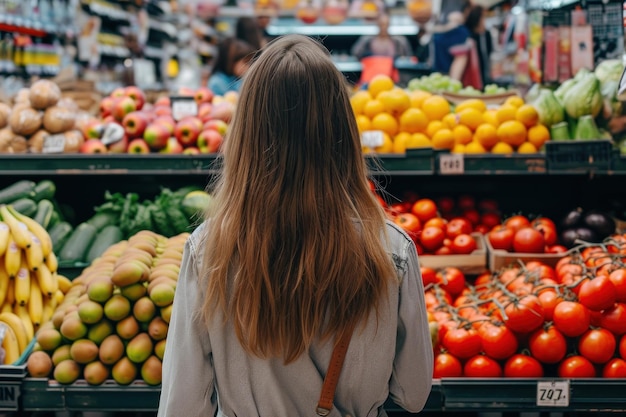 Determined Back view woman shopping food Generate Ai