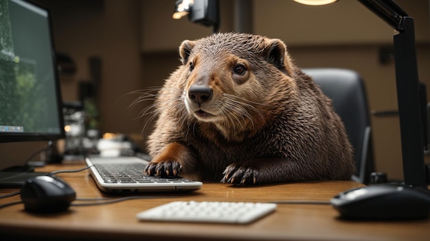 A determined beaver using a desktop computer to design a new dam