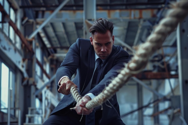 Photo determined businessman in tug of war challenge