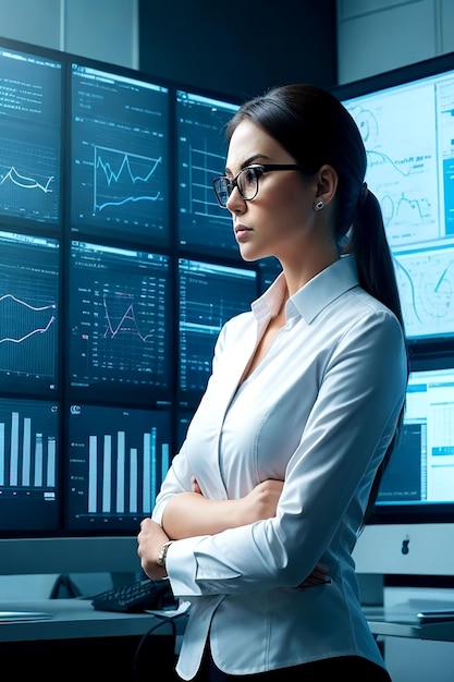 A determined businesswoman stands in her office surrounded Aigenerated