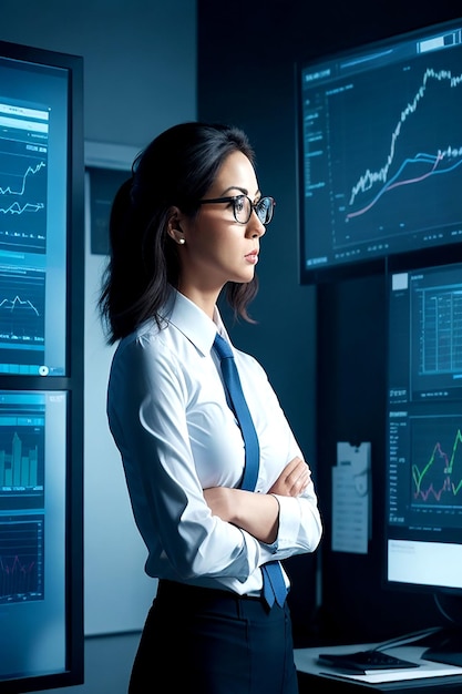 A determined businesswoman stands in her office surrounded Aigenerated