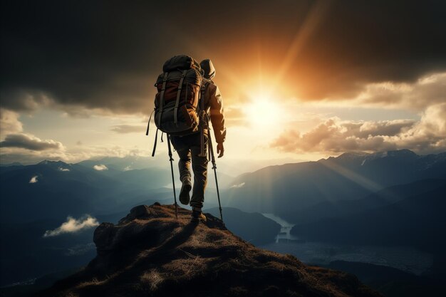 Determined climber conquers challenging section of towering mountain as the sun sets