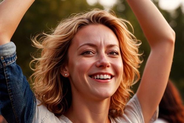 Photo determined enthusiastic young beautiful woman with arms raised in worship or excitement