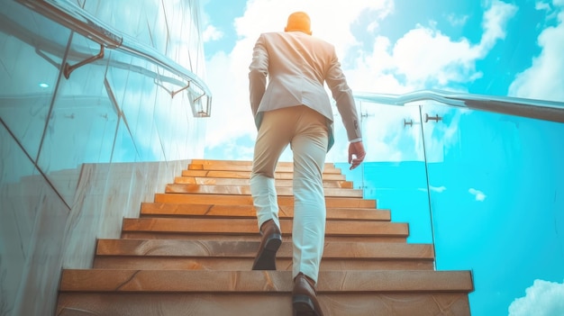 Determined entrepreneur ascending stairs to embrace new business challenge and opportunity