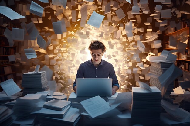 Determined entrepreneur surrounded by stacks of paperwork Generative AI