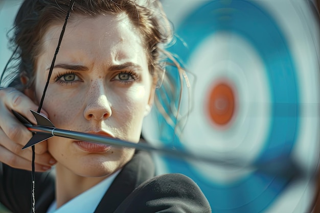 Determined Female Archer in Business Outfit Aiming at Target