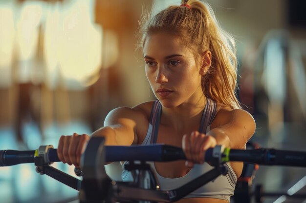 Determined Female Athlete Focused on Workout with Rowing Machine in Gym Health Fitness and