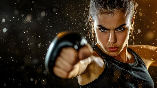 Photo determined female boxer in black shirt delivering a powerful punch with fierce focus