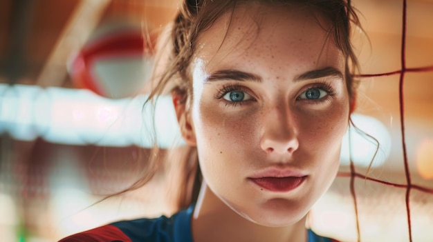 Determined Female Volleyball Player Behind Net