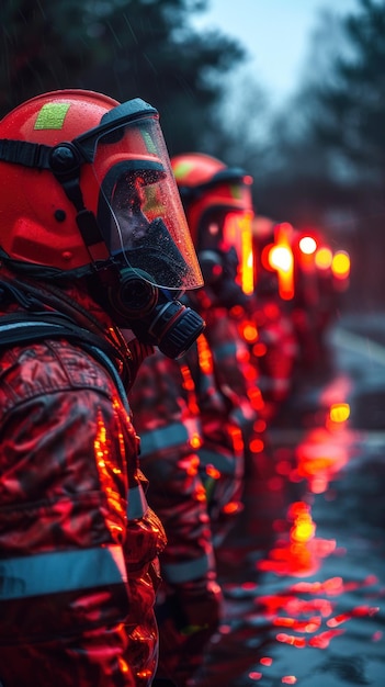 Determined Firefighters Standing in the Rain