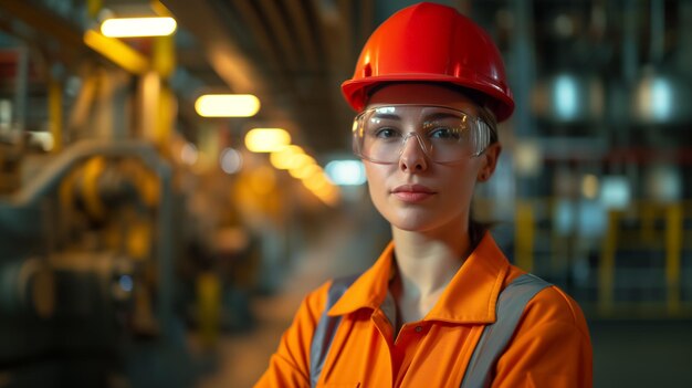 Determined Gaze of a Woman Engineer Proficiency Amidst Factory Pipes