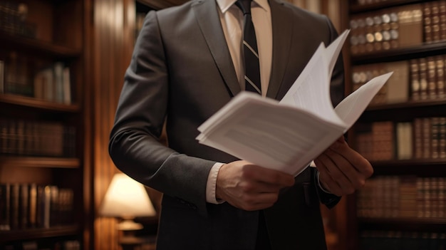 Photo determined lawyer in a sharp suit holding legal documents and ready to advocate for justice