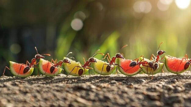 Photo a determined line of ants carrying oversized pieces of food vibrant colo