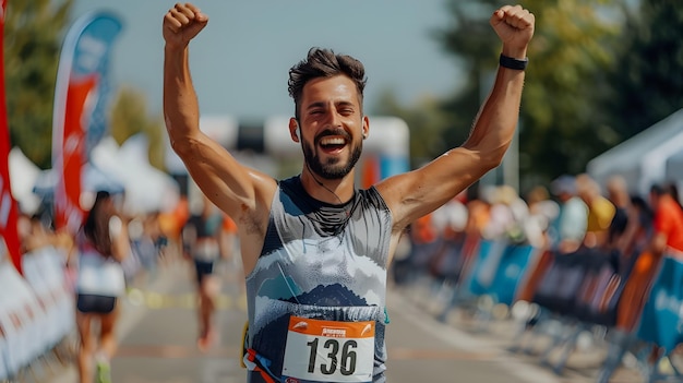 Determined Mediterranean Male Runner Crossing Marathon Finish Line with Exuberance