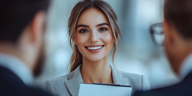 A determined professional shares insights with colleagues while smiling in a bright contemporary workspace