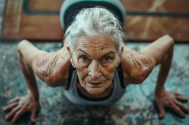 Photo determined senior woman doing pushups