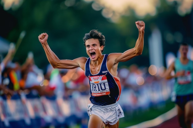 Determined Steeplechase Runner Crossing Finish Line with Joyful Crowd in Background