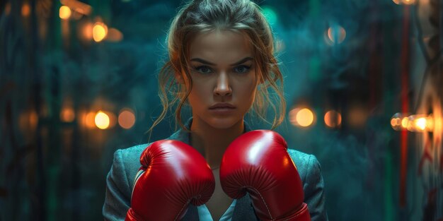 Photo determined woman in a business suit wearing boxing gloves ready to face challenges