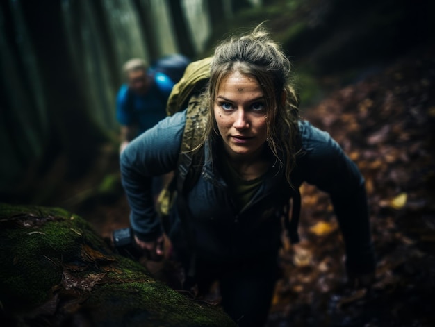 Determined woman climbs a steep mountain trail