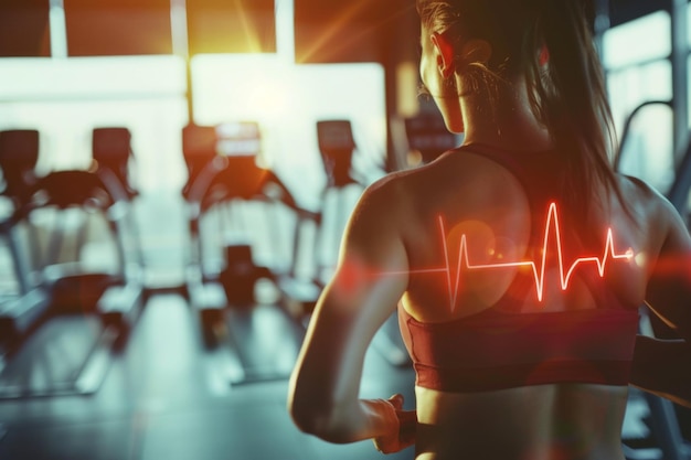 Photo a determined woman engages in cardio exercise while monitoring her heart rate in a vibrant gym