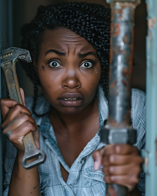 Determined Woman Examines Broken Pipe in CloseUp