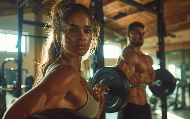 Determined Woman Lifting Weights in a Busy Gym