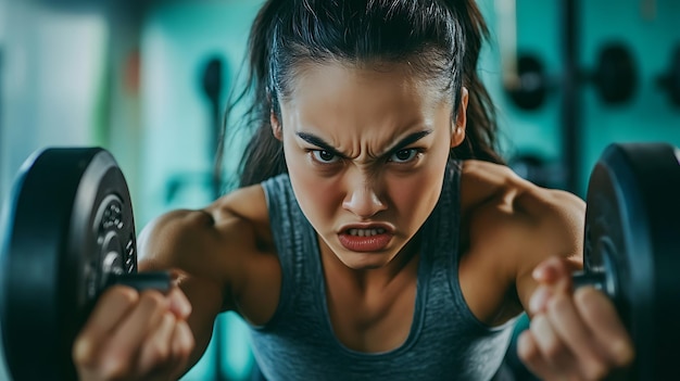 Photo a determined woman lifting weights in a gym focusing on strength and goalsetting with intensity