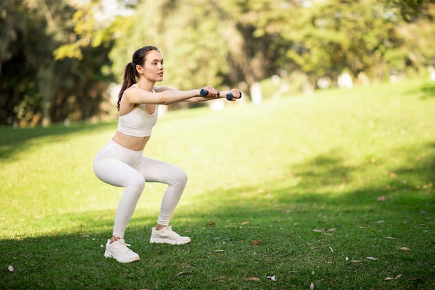 Determined woman performing a squat with hand weights in an outdoor setting