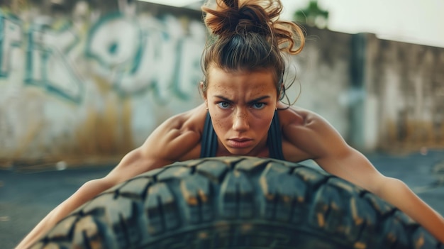 Photo determined woman pushing a heavy sled across the gym floor showcasing her strength and resilience