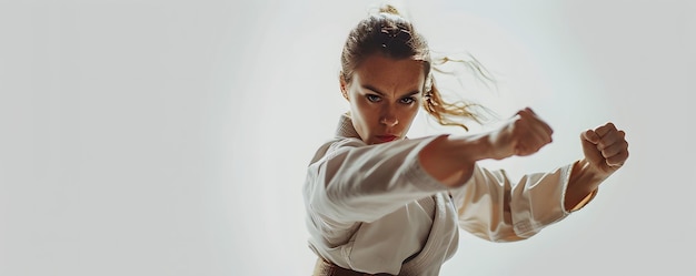 Photo a determined woman in a white karate uniform throws a punch