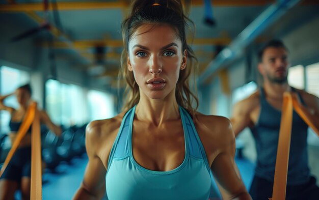 Determined Woman Works Out With Resistance Bands in a Modern Gym