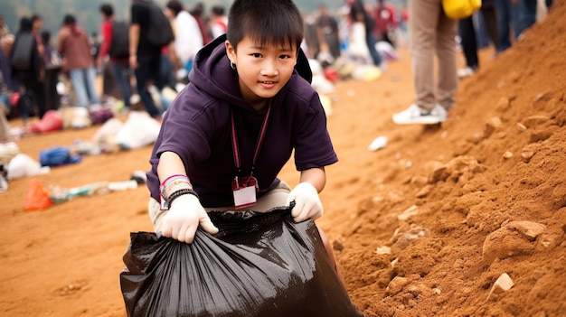 Determined young boy holding a trash bag during a community cleanup