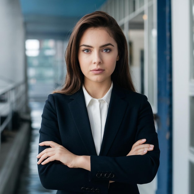 A determined young businesswoman gazes directly at the camera her eyes filled with ambition and con