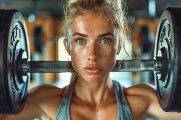 Determined Young Female Athlete Lifting Heavy Barbell in Gym with Focus and Intensity Strength