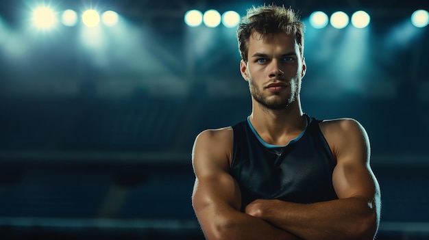 A determined young man stands in a stadium arms crossed looking at the camera