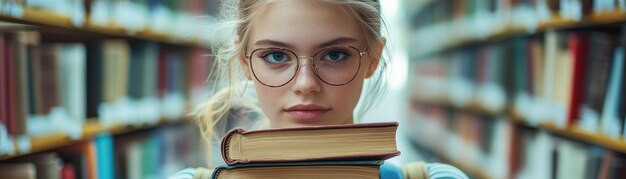 Photo determined young woman student carrying a stack of books in a library focused and studious she