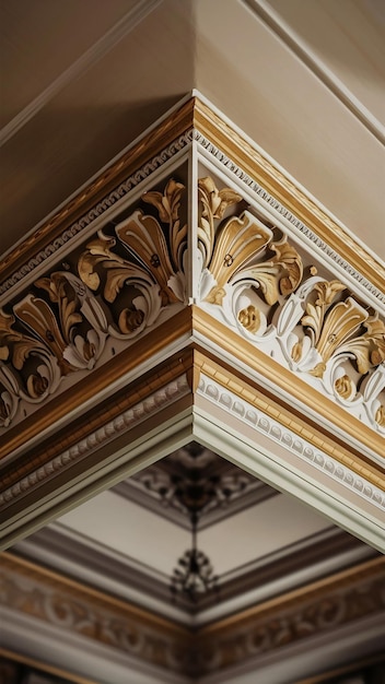 Photo detl of corner ceiling cornice with intricate crown moulding