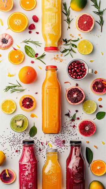 Photo detox and diet food concept with various colorful smoothie drinks in bottles