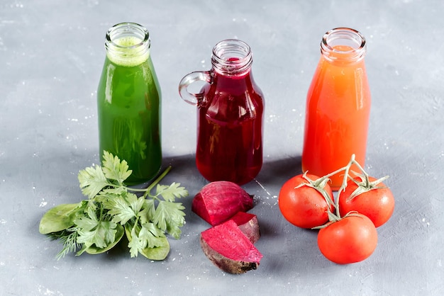 Detox diet Healthy eating Different colorful fresh juices Vegetables juice