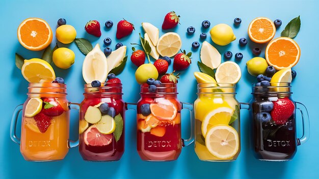 Photo detox drinks in jars with fresh fruits isolated on blue