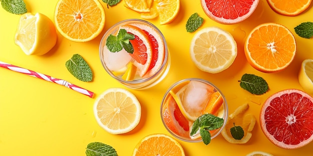 Detox fruit infused water citrus fruits and mint leaves on yellow background Flat lay summer backg