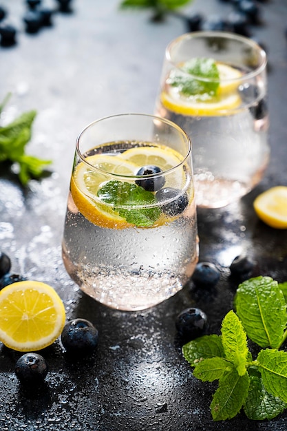 Detox water infused refreshing drink with lemon and blueberry and mint Dark moody photo