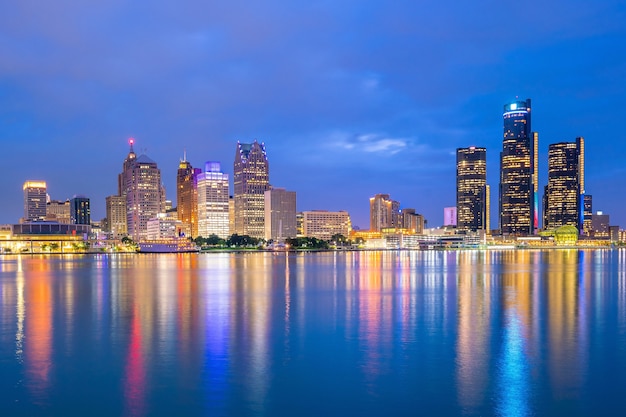 Detroit skyline in Michigan, USA at sunset shot from Windsor, Ontario Canada